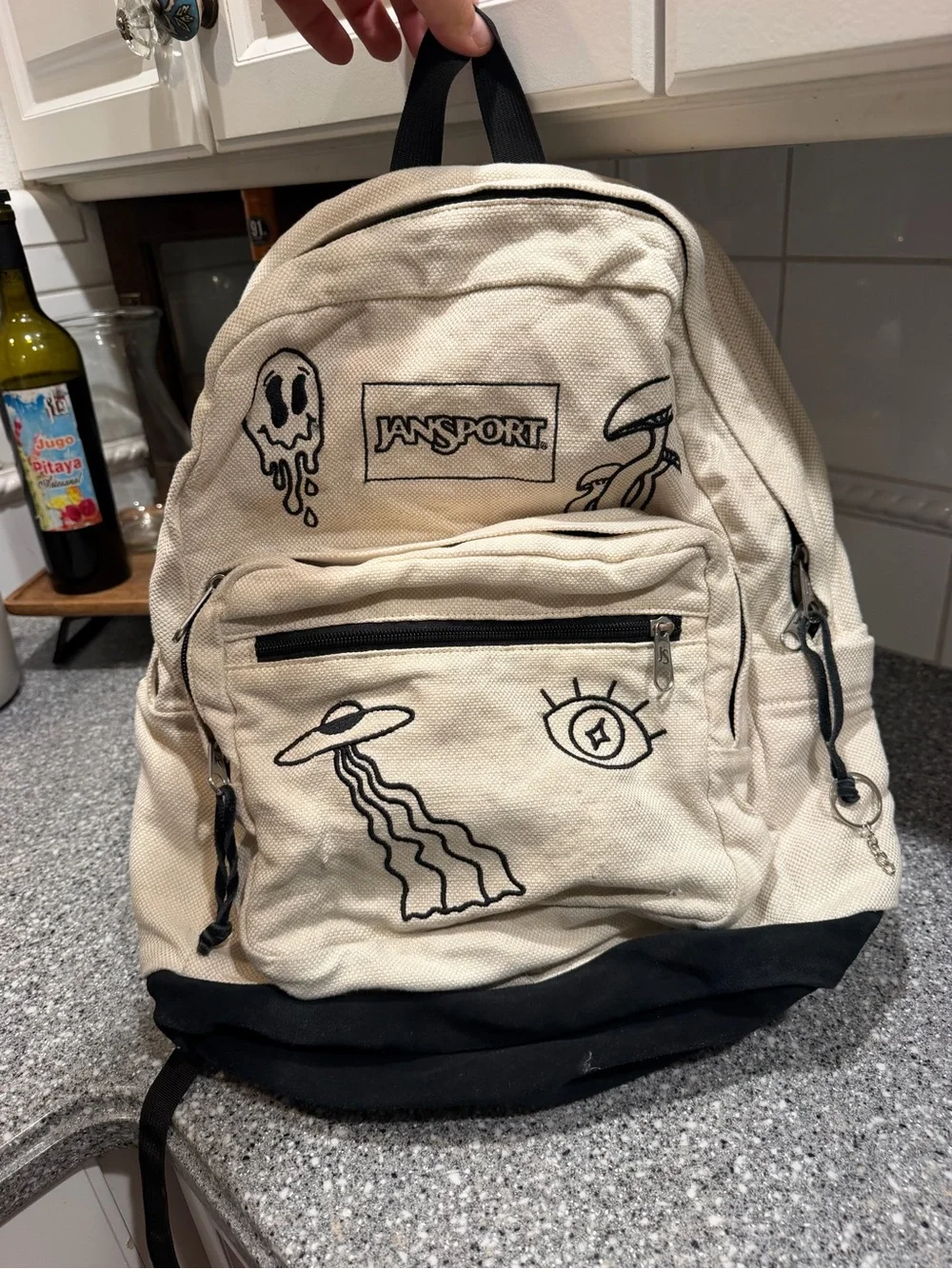Jansport Cream Canvas Backpack with Black Suede Base Mushrooms UFO
